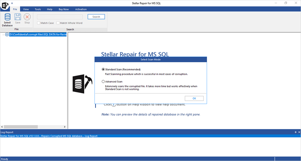  select the suitable scan mode to repair MS SQL database