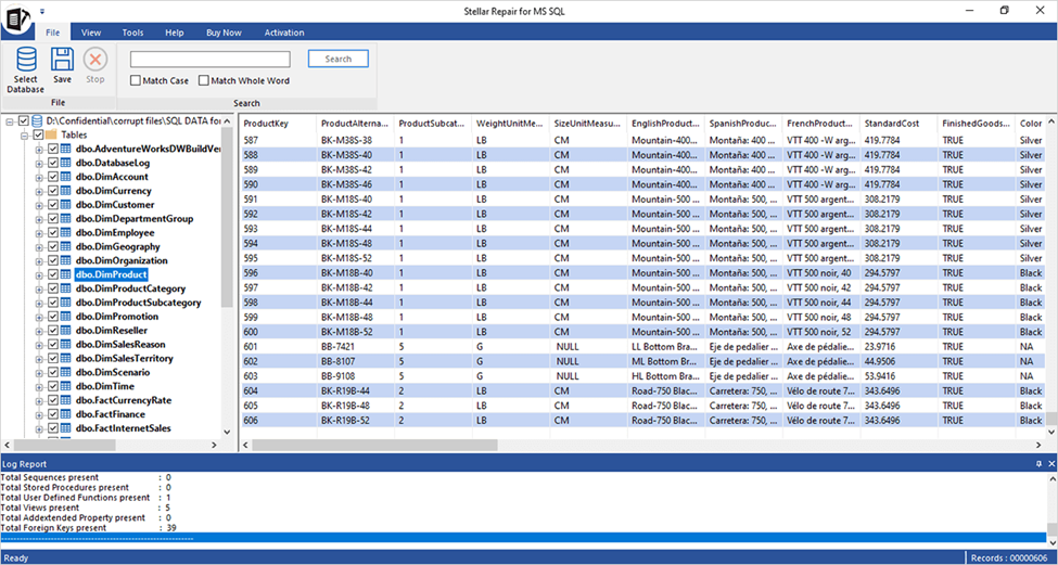 Preview of the recoverable MS SQL database items